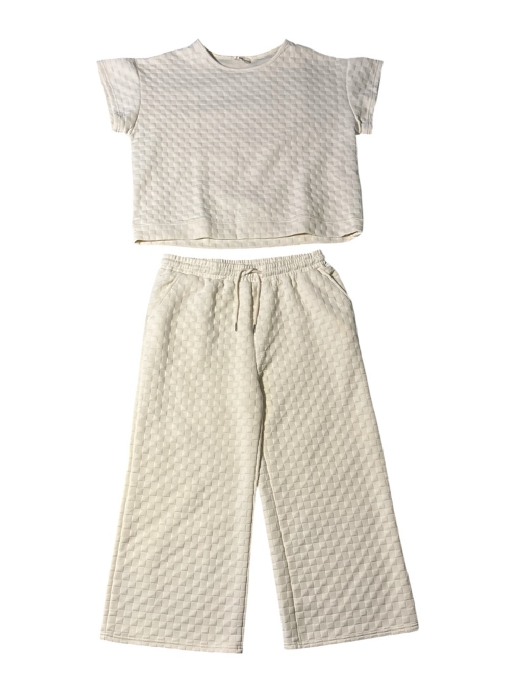 Women's Cream Quilted Lounge Pajama Set - Relaxed Top & Wide Leg Pants